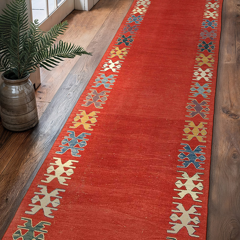 Rojo Nueva Alfombra Kilim Turca De Pasillo - 90 cm x 341 cm - K0003859
