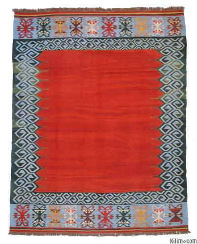 Kırmızı, Açık Mavi Yeni Kök Boya El Dokuma Kilim