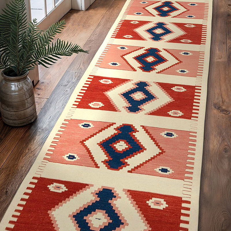 Red, Beige New Turkish Kilim Runner - K0005711