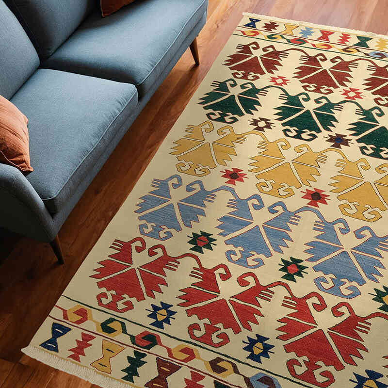Bej, Çok Renkli Yeni Kök Boya El Dokuma Kilim - 186 cm x 250 cm - K0005805