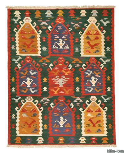 Green, Multicolor New Handwoven Turkish Kilim Rug