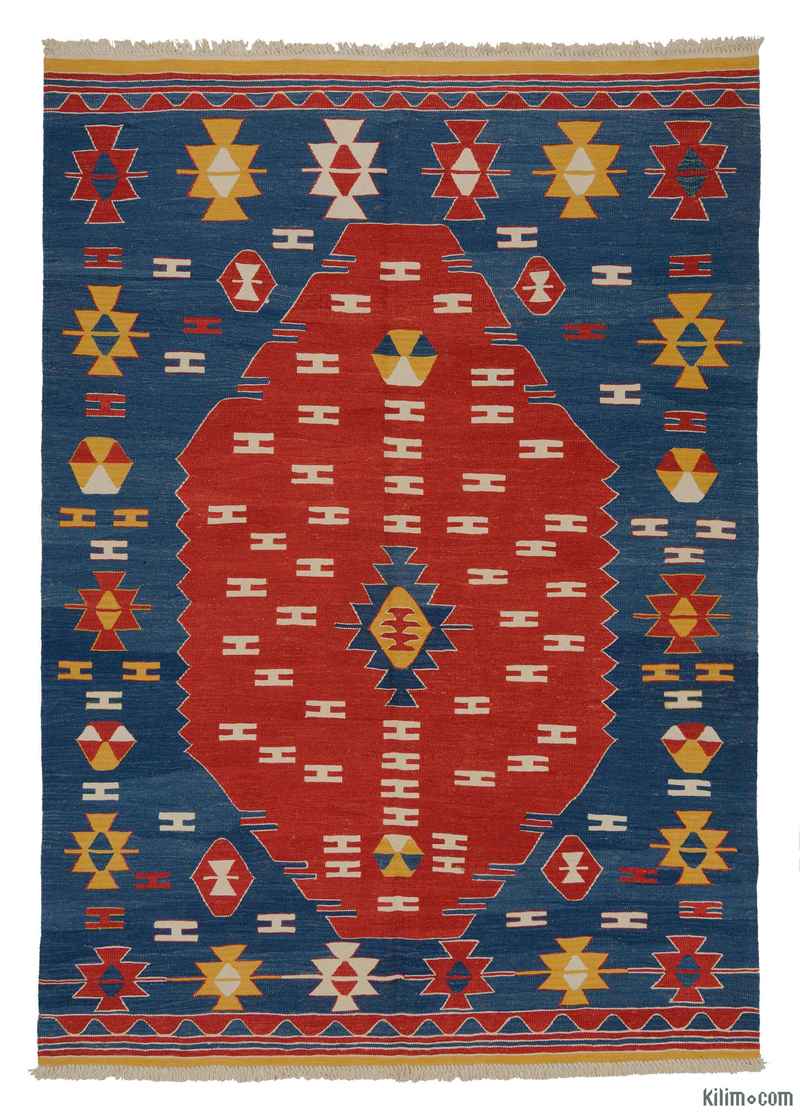Blue, Red New Handwoven Turkish Kilim Rug - K0007953