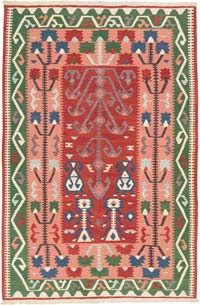 Kırmızı, Yeşil Yeni Kök Boya El Dokuma Kilim - 186 cm x 279 cm