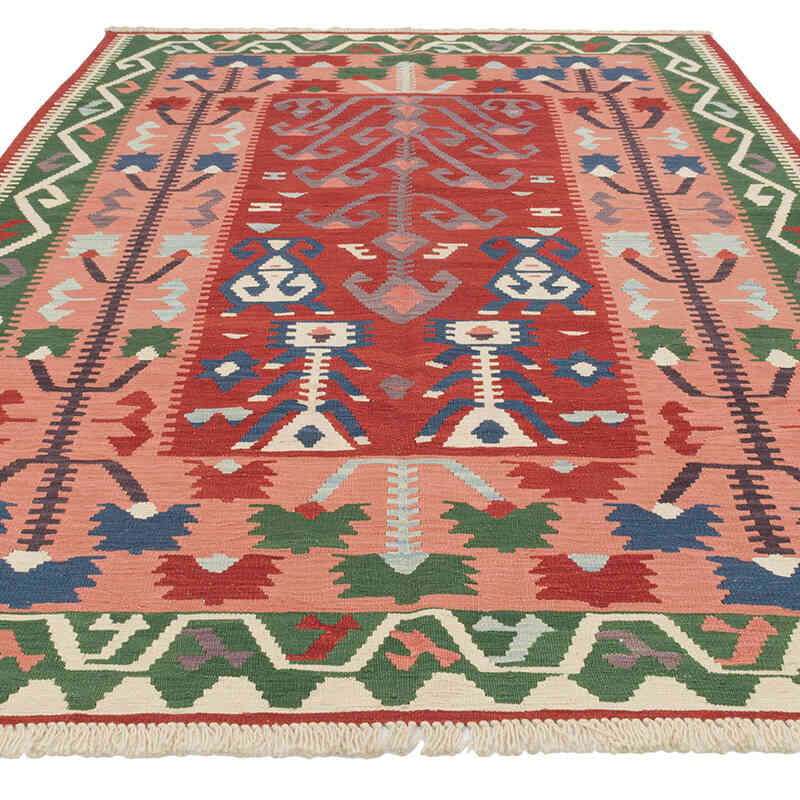 Kırmızı, Yeşil Yeni Kök Boya El Dokuma Kilim - 186 cm x 279 cm - K0007957
