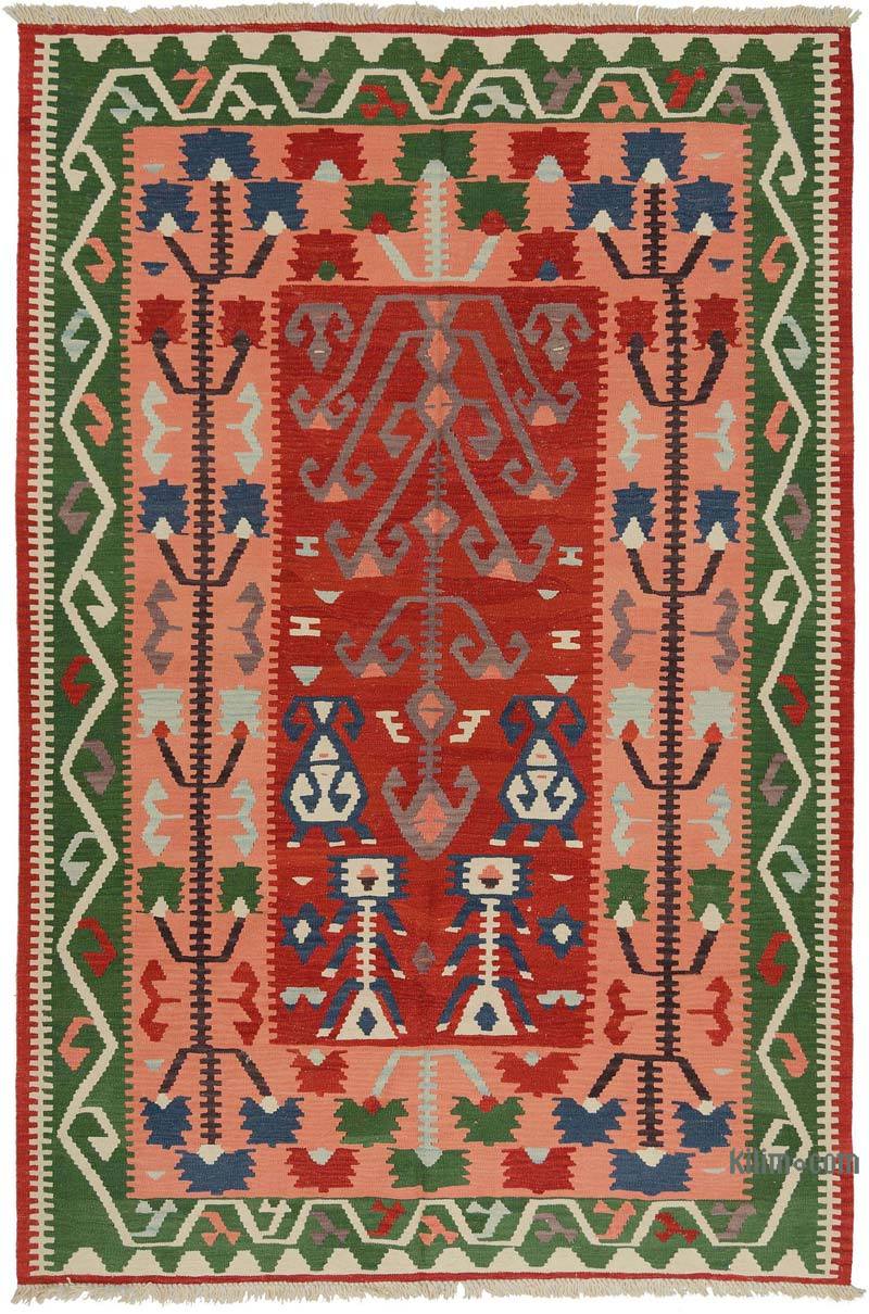 Red, Green New Handwoven Turkish Kilim Rug - 6' 1" x 9' 2" (73 in. x 110 in.) - K0007957