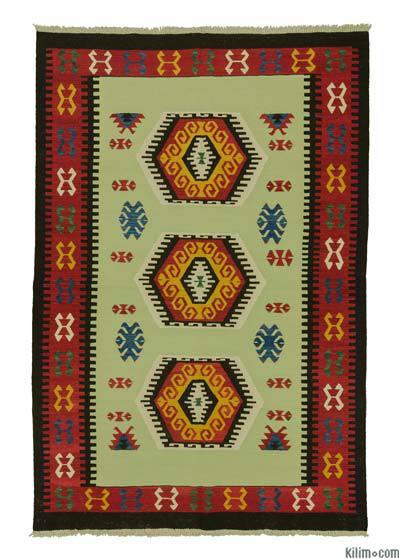 Yeşil, Kırmızı Yeni Kök Boya El Dokuma Kilim - 181 cm x 270 cm
