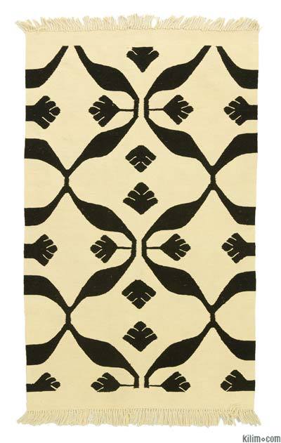 Bej, Siyah Yeni Kök Boya El Dokuma Kilim - 93 cm x 153 cm