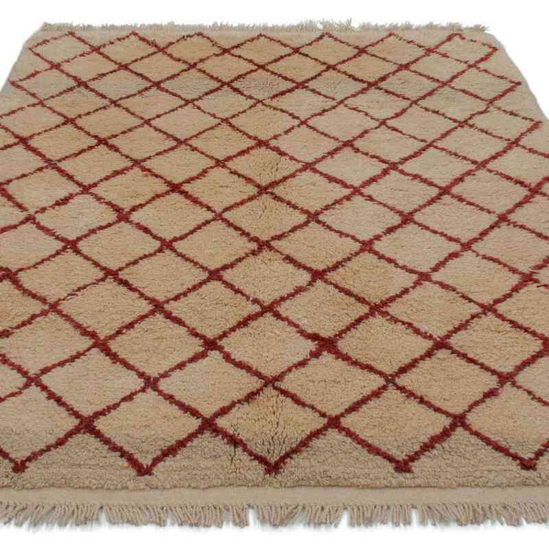 Beige, Red New Moroccan Style Hand-Knotted Tulu Rug - 4' 6" x 5' 7" (54" x 67") - K0008994