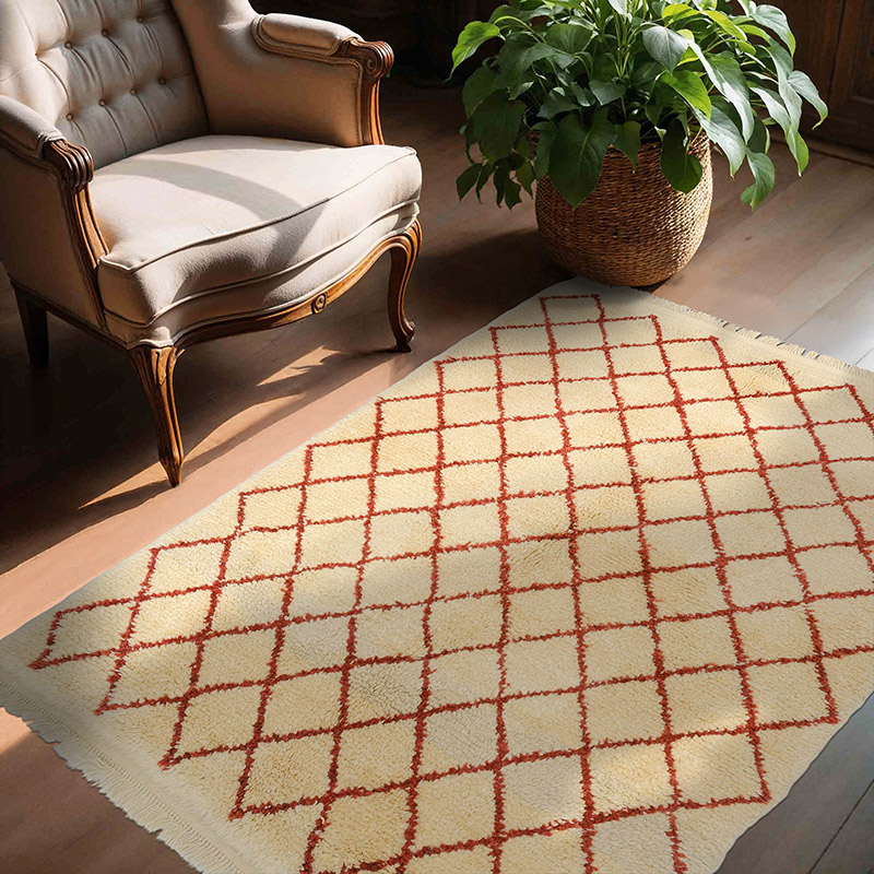 Bej, Kırmızı Yeni Fas Stili El Dokuma Tulu - 136 cm x 170 cm - K0008994