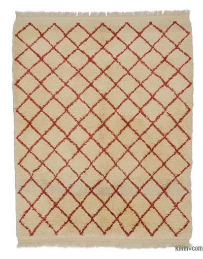 Beige, Red Moroccan Style Hand-Knotted Tulu Rug - 4' 6" x 5' 7" (54 in. x 67 in.)