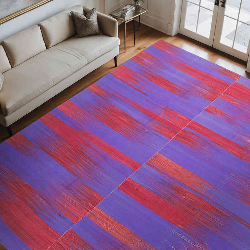 Azul Oscuro, Rojo Alfombra Neo Caspian Kilim - 297 cm x 368 cm - K0010530