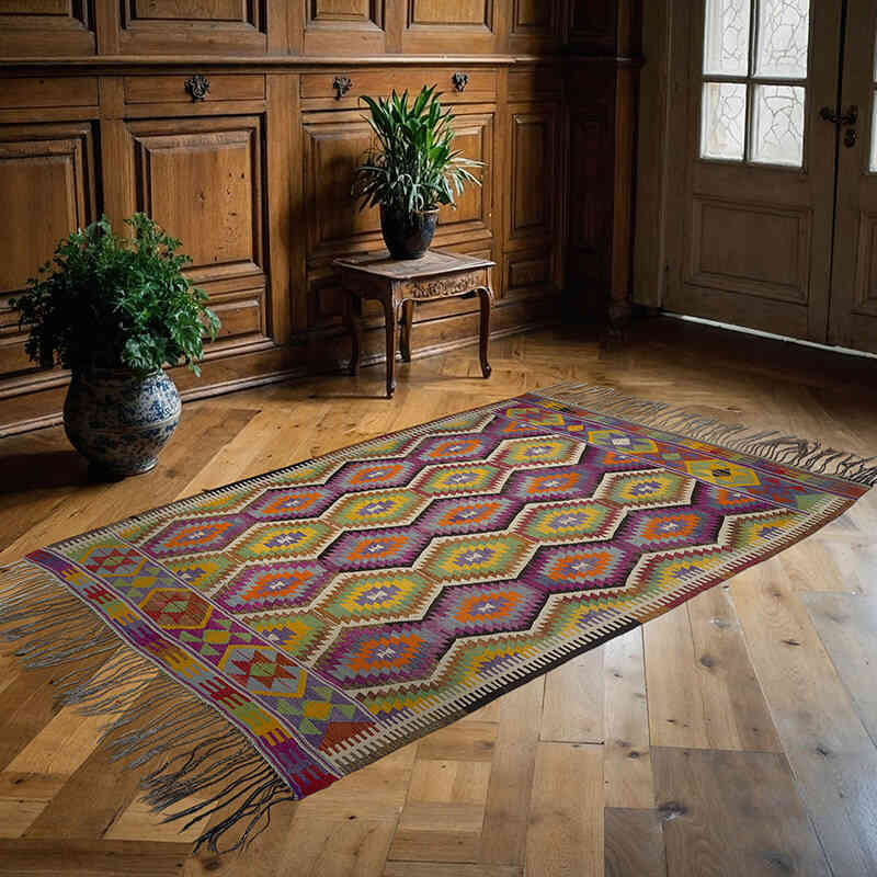 Green, Purple Vintage Antalya Kilim Rug - 5' 3" x 7' 11" (63" x 95") - K0010556