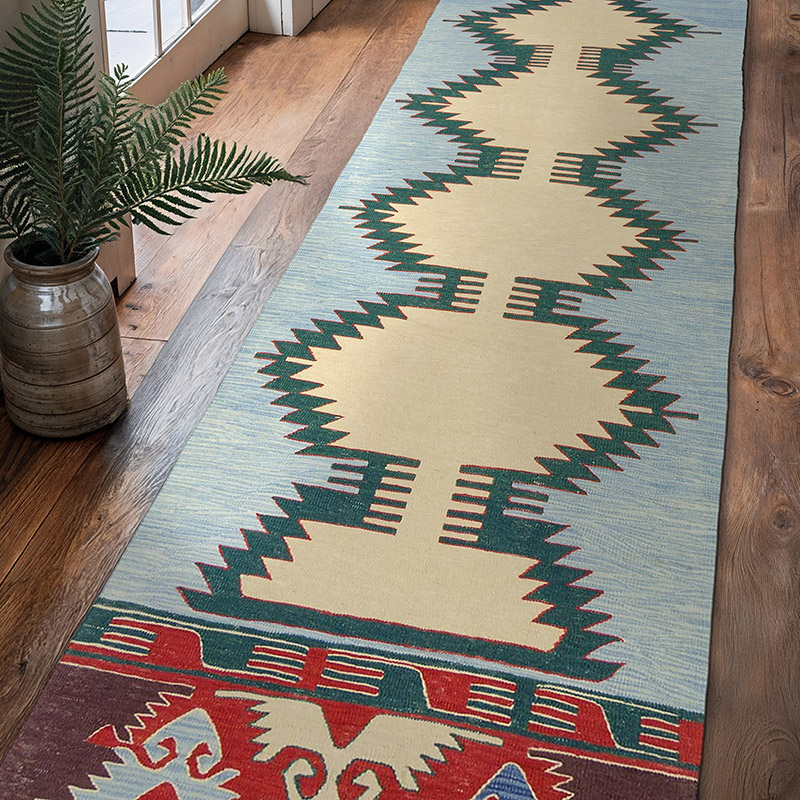 Blue, Beige New Turkish Kilim Runner - K0010807