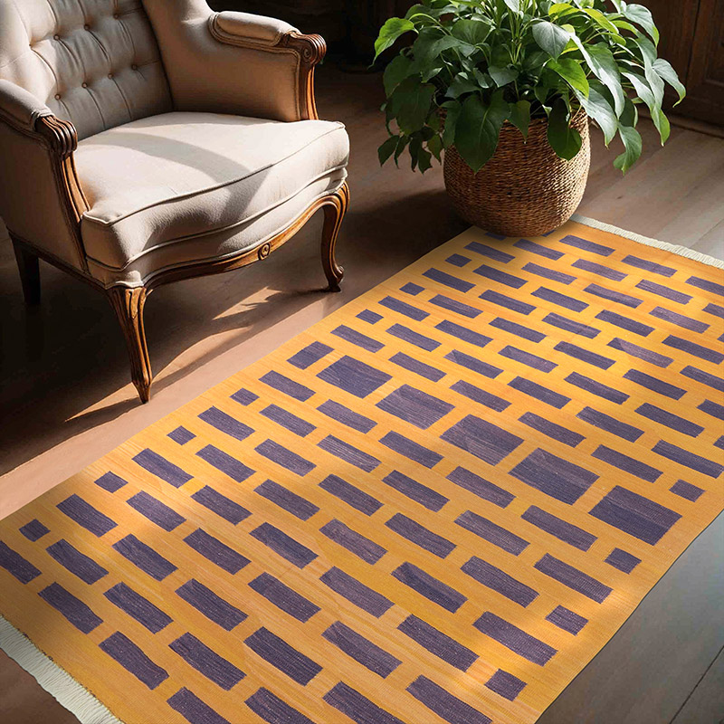 Purple, Yellow New Handwoven Turkish Kilim Rug - 4' 7" x 6' 6" (55" x 78") - K0012175