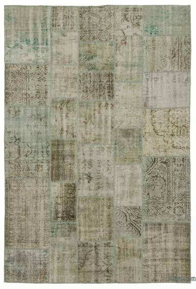 Green, Grey Patchwork Hand-Knotted Turkish Rug - 6' 8" x 9' 10" (80 in. x 118 in.)