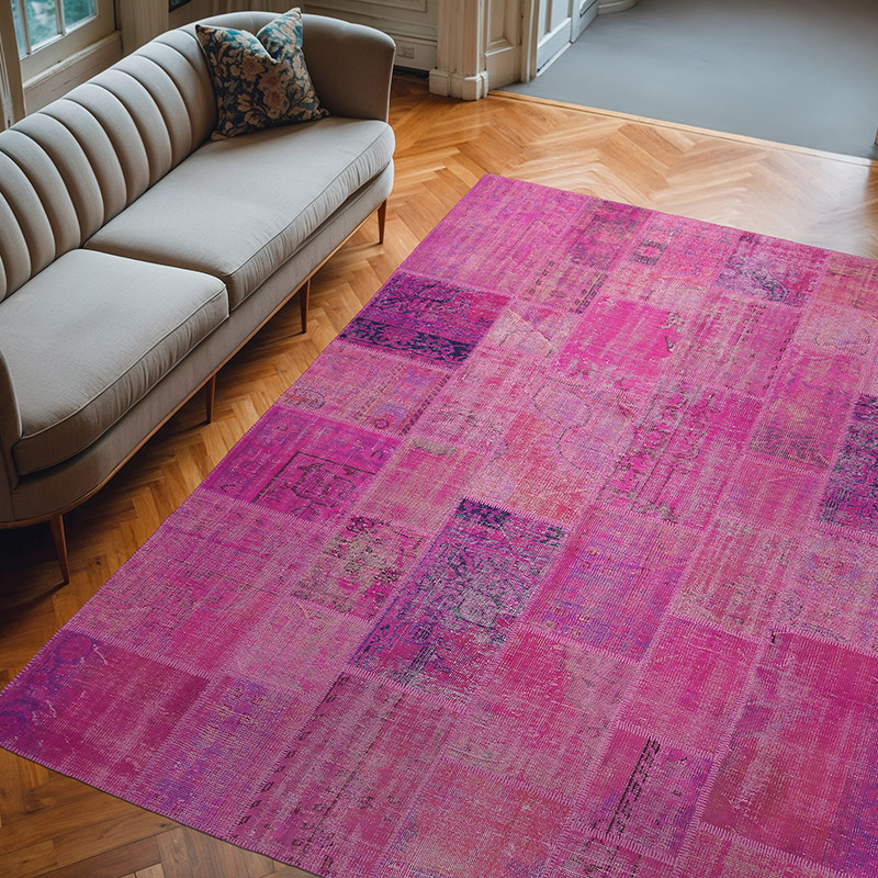 Pembe, Mor Boyalı Patchwork Halı - 244 cm x 310 cm - K0016090