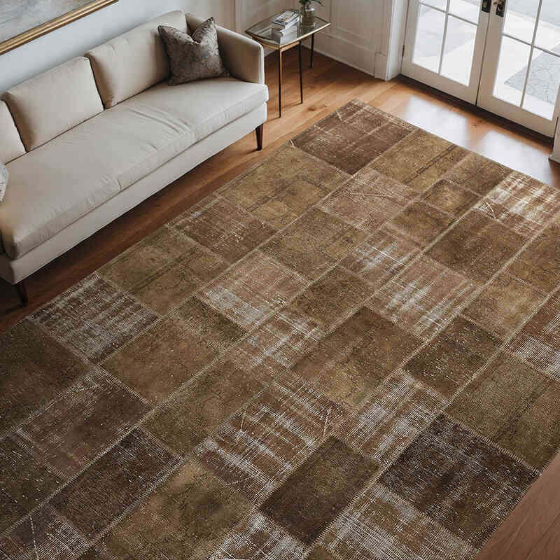 Marrón Alfombra De Retazos Turca Sobre-teñida - 245 cm x 342 cm - K0016097