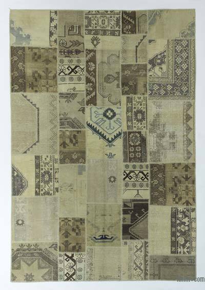 Beige Patchwork Hand-Knotted Turkish Rug - 6' 9" x 9' 8" (81 in. x 116 in.)