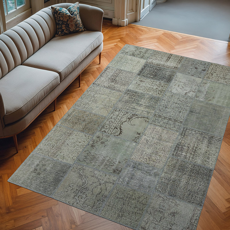 Gris, Azul claro Alfombra De Retazos Turca Sobre-teñida - 196 cm x 300 cm - K0018683