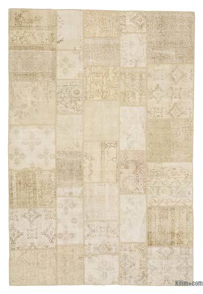 Beige Patchwork Hand-Knotted Turkish Rug - 6' 9" x 9' 11" (81 in. x 119 in.)