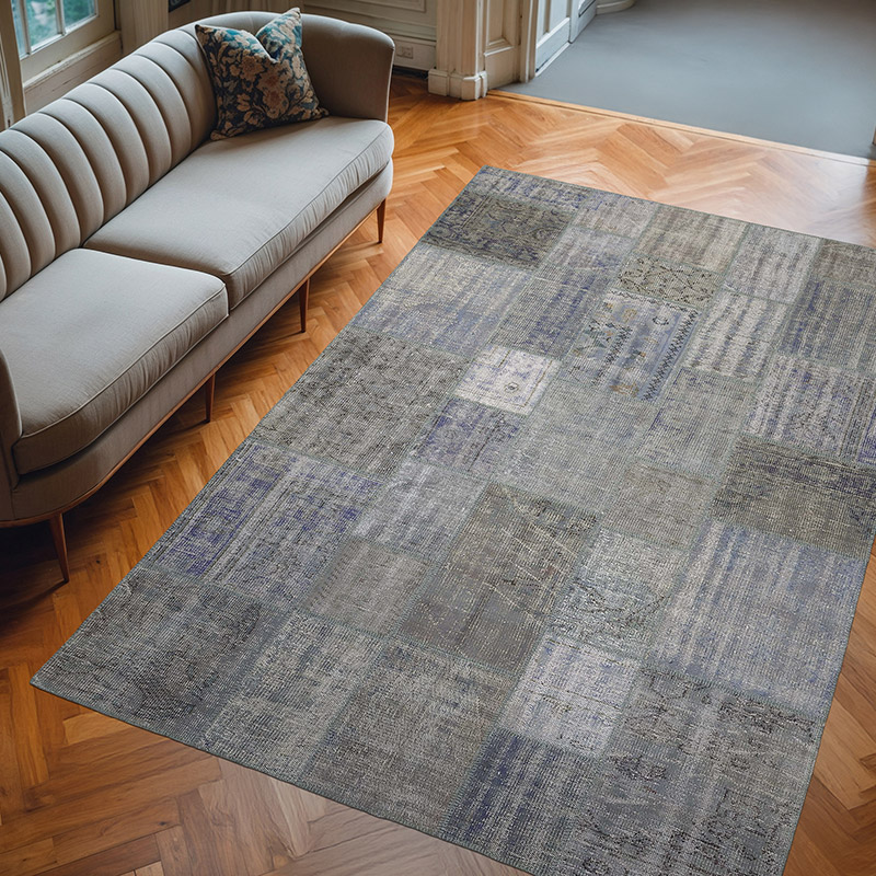 Blue, Gray Patchwork Hand-Knotted Turkish Rug - 6' 9" x 9' 11" (81" x 119") - K0018692