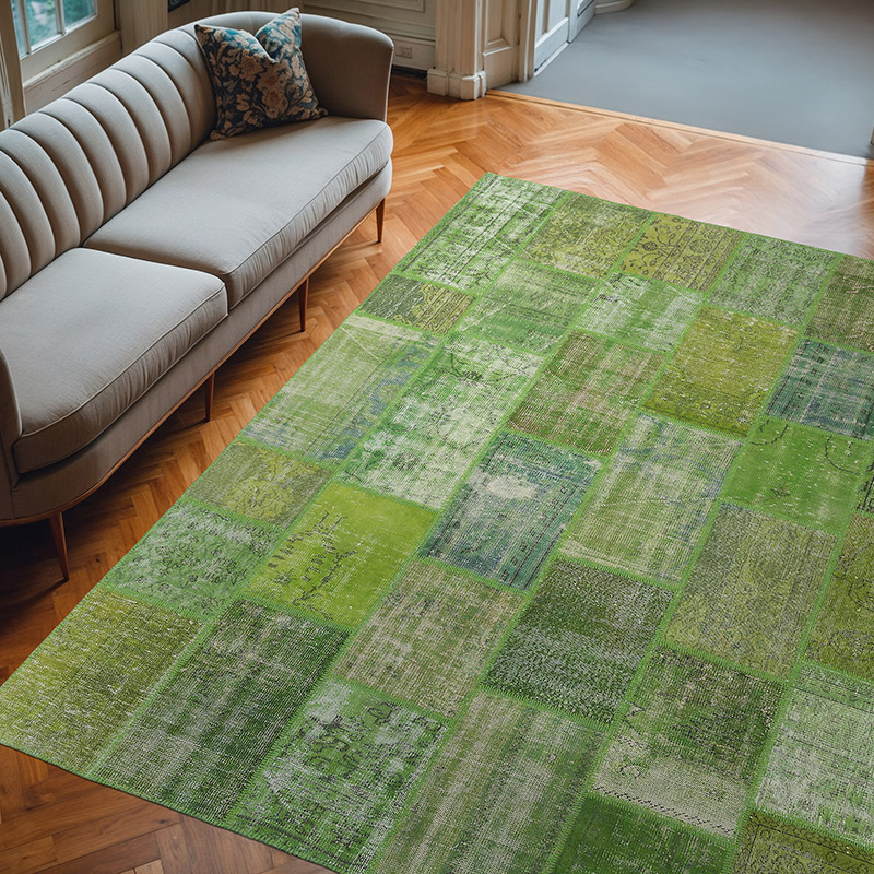 Yeşil Boyalı Patchwork Halı - 242 cm x 300 cm - K0018718