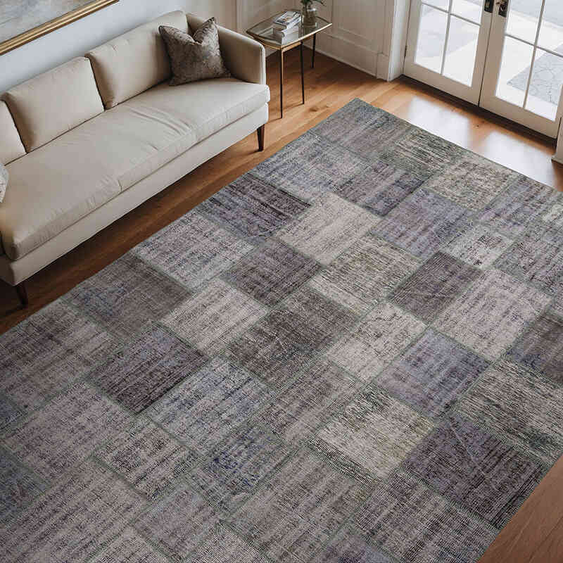 Gray Patchwork Hand-Knotted Turkish Rug - 8' 2" x 11' 6" (98" x 138") - K0018730