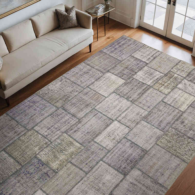 Gray Patchwork Hand-Knotted Turkish Rug - 8' 3" x 11' 7" (99" x 139") - K0018738