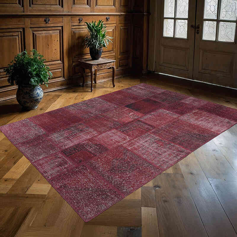 Kırmızı Boyalı Patchwork Halı - 177 cm x 246 cm - K0018767