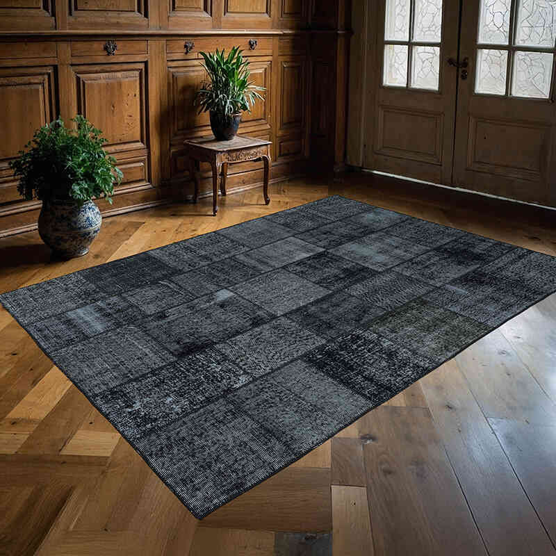 Black Patchwork Hand-Knotted Turkish Rug - 5' 9" x 7' 11" (69" x 95") - K0018784