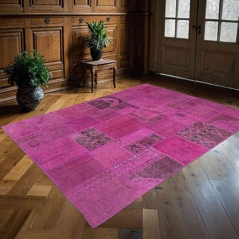 Pink Patchwork Hand-Knotted Turkish Rug - 5' 10" x 7' 10" (70" x 94") - K0018791