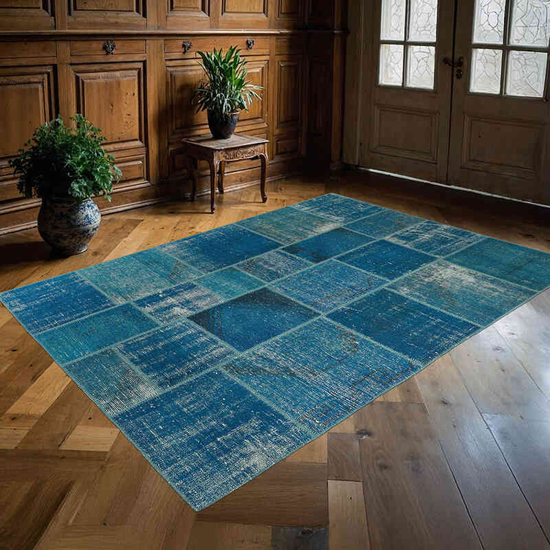 Mavi-Yeşil Boyalı Patchwork Halı - 174 cm x 245 cm - K0018796