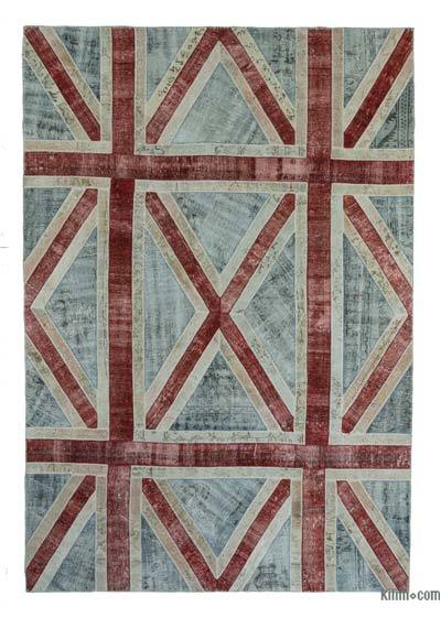Açık Mavi, Kırmızı Boyalı Patchwork Halı - 257 cm x 370 cm