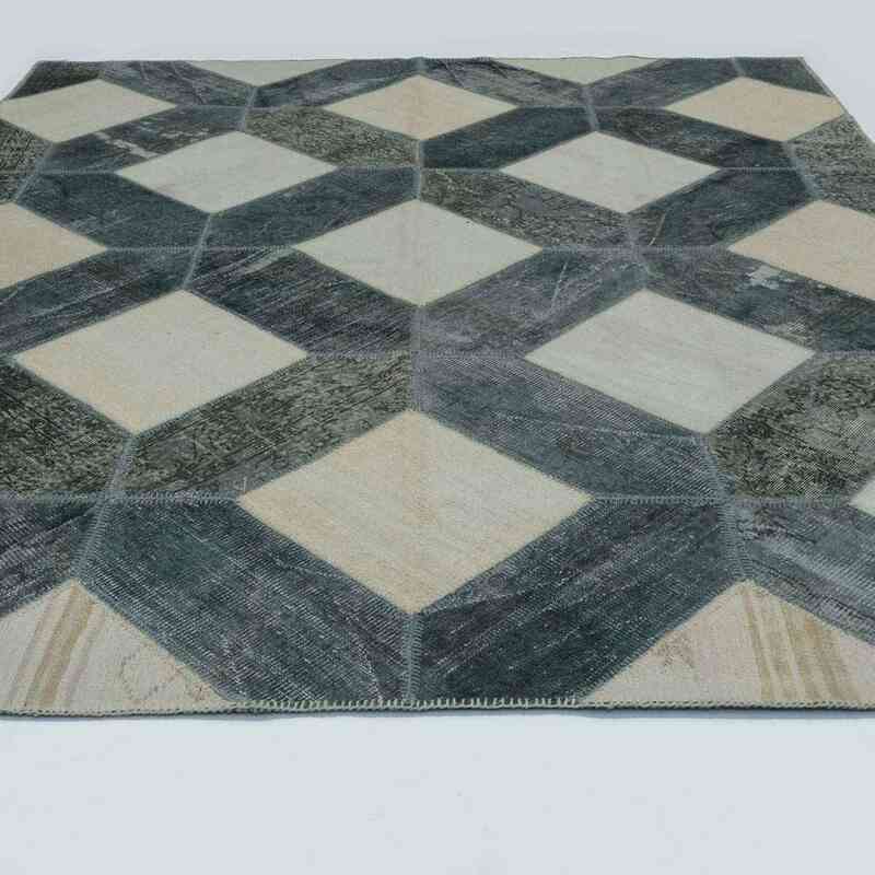 Beige, Gray Patchwork Hand-Knotted Turkish Rug - 8' 2" x 9' 10" (98" x 118") - K0020192