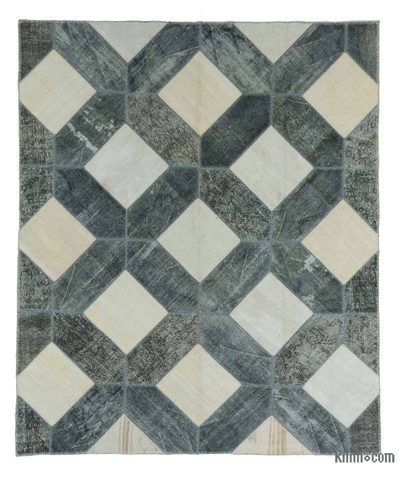 Beige, Gray Patchwork Hand-Knotted Turkish Rug - 8' 2" x 9' 10" (98" x 118") - K0020192