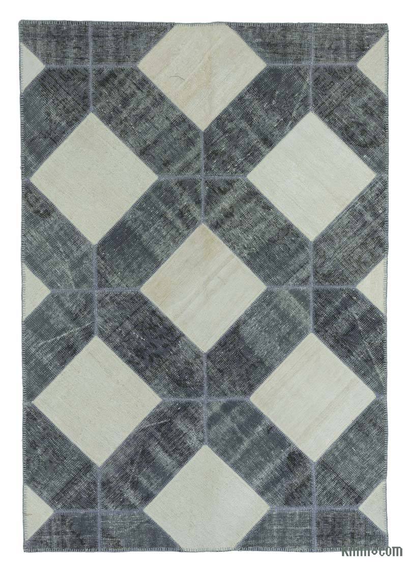 Beige, Grey Patchwork Hand-Knotted Turkish Rug - 5' 6" x 7' 11" (66 in. x 95 in.) - K0020251