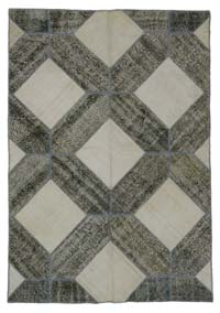 Beige, Gray Patchwork Hand-Knotted Turkish Rug - 5' 6" x 7' 10" (66" x 94")