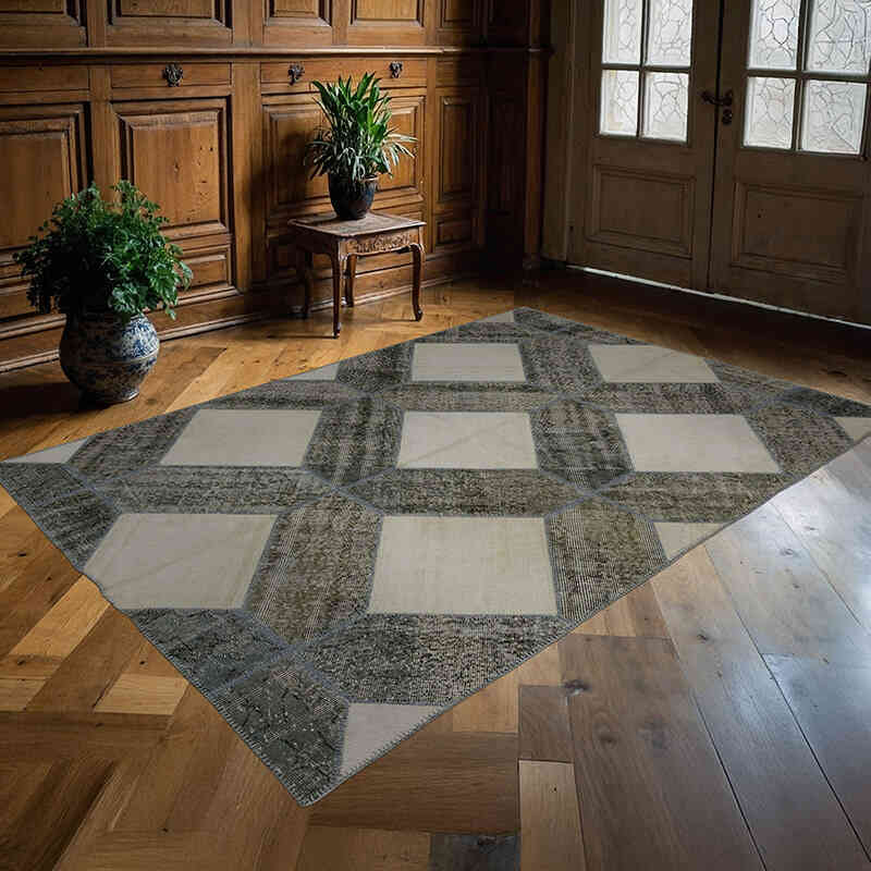 Beige, Gray Patchwork Hand-Knotted Turkish Rug - 5' 6" x 7' 10" (66" x 94") - K0020253