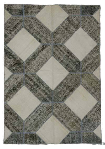 Beige, Grey Patchwork Hand-Knotted Turkish Rug - 5' 6" x 7' 10" (66 in. x 94 in.)
