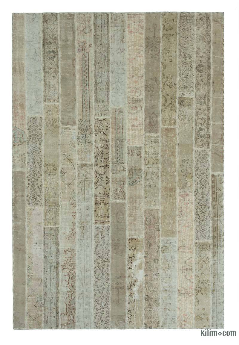 Beige Patchwork Hand-Knotted Turkish Rug - 6' 8" x 10'  (80 in. x 120 in.) - K0020258