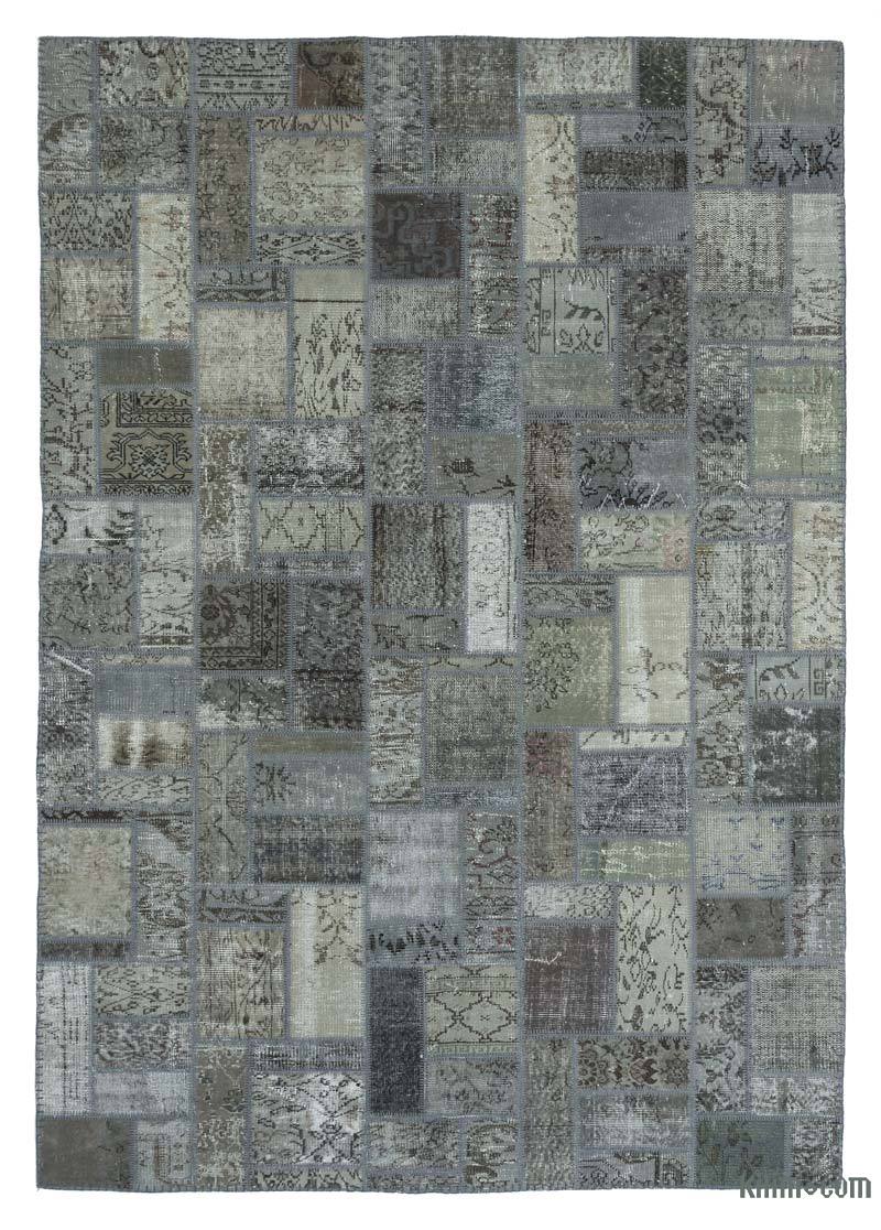 Grey Patchwork Hand-Knotted Turkish Rug - 6' 9" x 9' 10" (81 in. x 118 in.) - K0020260