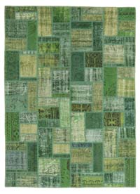 Green Patchwork Hand-Knotted Turkish Rug - 5' 8" x 7' 10" (68" x 94")