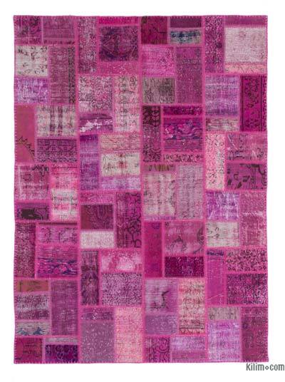 Fuchsia Patchwork Hand-Knotted Turkish Rug - 5' 8" x 7' 10" (68 in. x 94 in.)