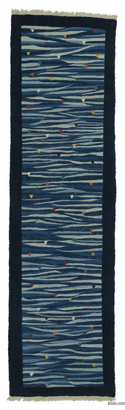 Blue New Turkish Kilim Runner - 2' 11" x 10' 8" (35 in. x 128 in.)