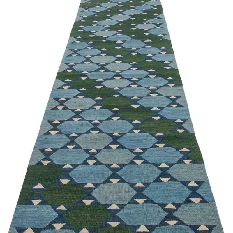 Blue, Green New Turkish Kilim Runner - K0020718