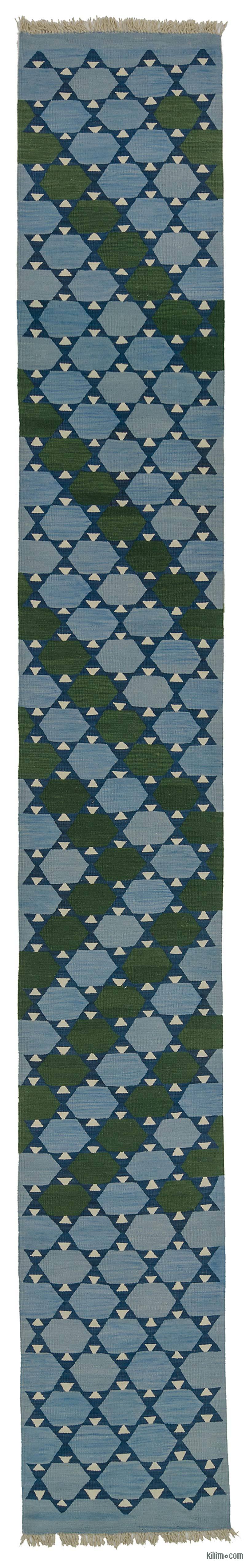 Blue, Green New Turkish Kilim Runner - K0020718
