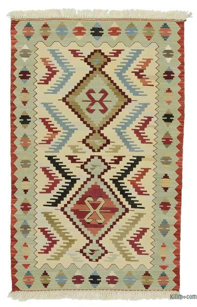Bej, Yeşil Yeni Kök Boya El Dokuma Kilim - 94 cm x 149 cm