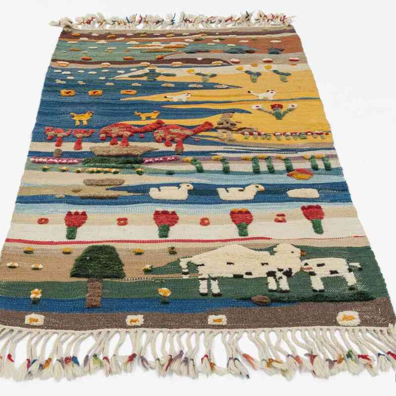 Azul Oscuro, Amarillo Nueva Alfombra Turca Kilim - K0020788
