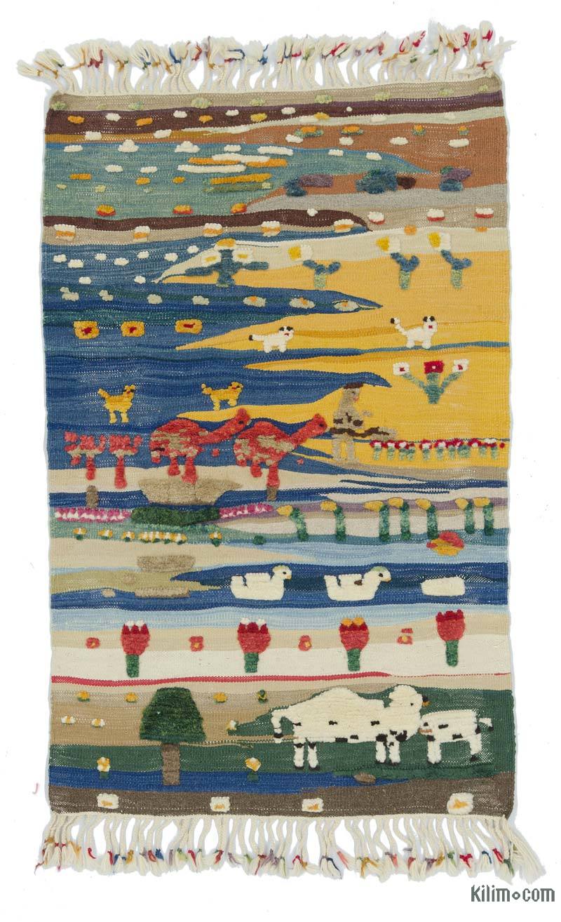 Azul Oscuro, Amarillo Nueva Alfombra Turca Kilim - K0020788