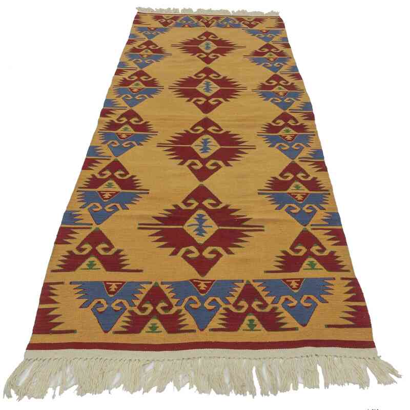 Yellow, Red New Turkish Kilim Rug - 3' 3" x 9' 7" (39 in. x 115 in.) - K0021053